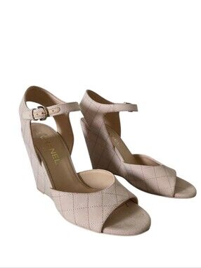 CHANEL 23C Quilted Fabric Open Toe Wedge Heels Ankle Strap Sandals Shoes